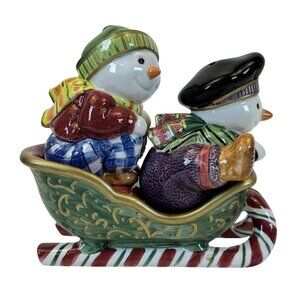 Fitz And Floyd Snow Guys Salt and Pepper Shakers In Sleigh Holder Snowman Family